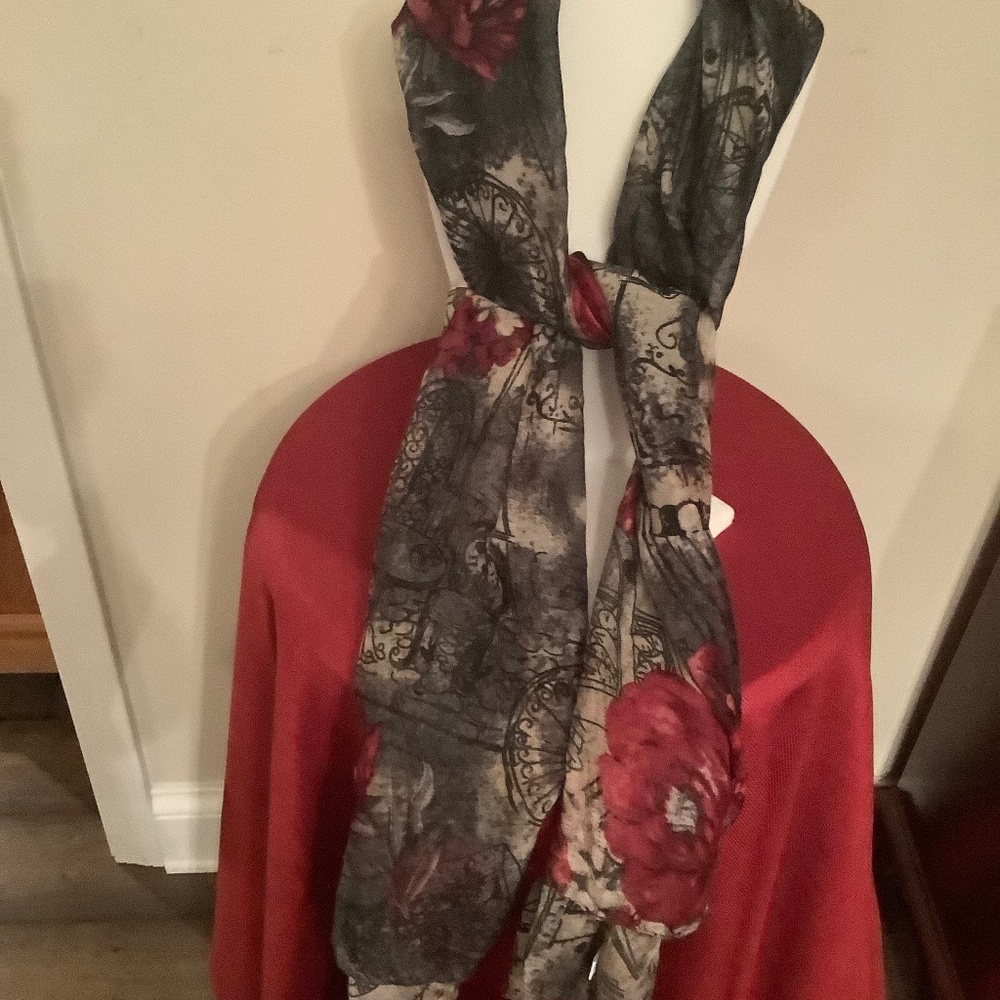 34”X72” beautiful grey,black & burgundy flowered scarf, great for those cool eve